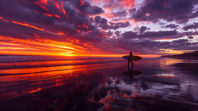 Cinematic sunset surfing scene — surfer silhouette against glowing sky, vivid orange and violet tones, water reflections and dramatic waves create an intense, atmospheric moment
