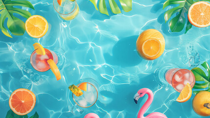 Top-down view of a vibrant pool party — inflatable flamingos, tropical cocktails, and colorful swimwear create a playful, modern summer vibe with plenty of visual energy