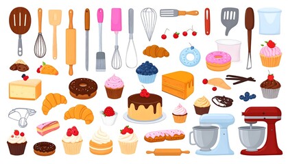 Collection of colorful baked goods and kitchen utensils