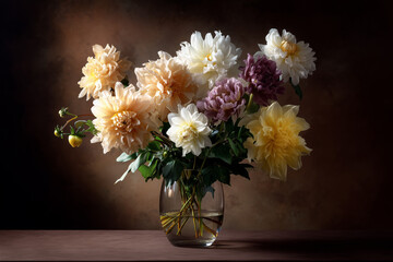 Elegant bouquet of pastel-colored dahlias in a clear glass vase with a warm brown background