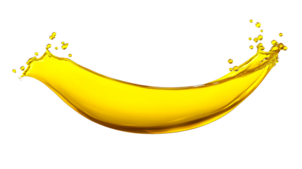 Vibrant yellow liquid splash abstract arc with flying droplets, cut out transparent