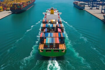 shipping ship with container leave harbor waterway