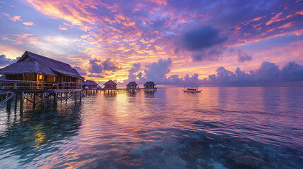 Tropical sunrise over island resort — wooden huts above calm sea, glowing pastel clouds, serene atmosphere with luxurious and peaceful vacation vibes