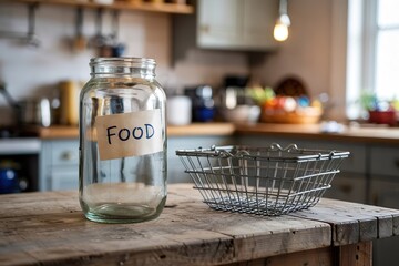 empty coin jar for food in kitchen. Hunger and poverty