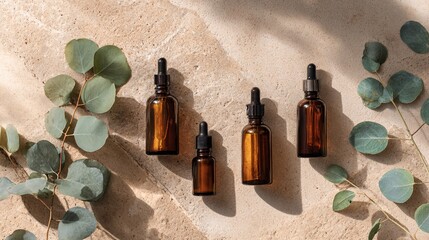 Flat lay of amber glass skincare bottles with dropper and eucalyptus leaves on a beige stone background