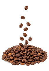 Obraz premium freshly roasted coffee beans in dark and medium brown shades, meticulously piled with scattered individual beans, on a transparent studio background with diffused lighting and ample copy space,
