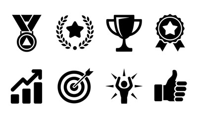 Achievement and Success Icons Set. Medal, Trophy, Award Badge, Target, Growth Chart, Winner, and Thumbs Up, Business and Motivation Vector