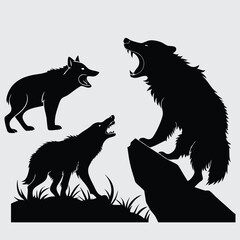 Wolf pack snarling at lone bear image silhouette design vector art and illustration