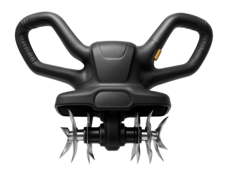 Electric cultivator with interchangeable tines for different soil types in a farm setting.