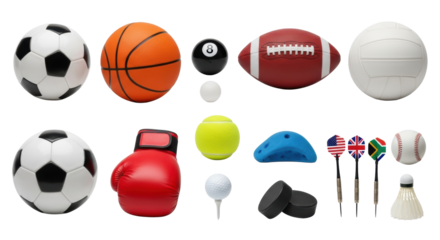 Various sports equipment including balls, a boxing glove, puck, darts, and shuttlecock, meticulously arranged as a top-down flat lay on a transparent studio background, concept of diverse sports