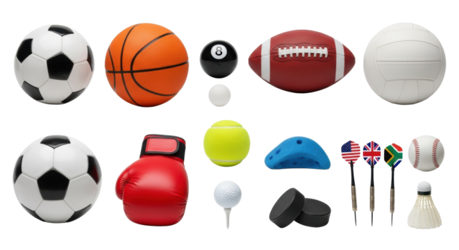 Various sports equipment including balls, a boxing glove, puck, darts, and shuttlecock, meticulously arranged as a top-down flat lay on a transparent studio background, concept of diverse sports