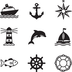 Nautical Icons Collection Featuring Ship, Anchor, Compass, Lighthouse, Dolphin, Sailboat, Fish, Steering Wheel and Lifebuoy Designs