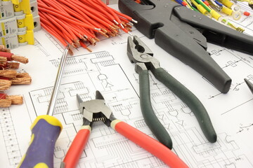 Electrical Installation Tools and Materials for Electrical Switchboard Assembly. Close-up. Soft...