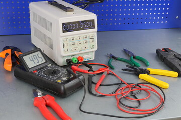Electrical Installation Tools and Materials for Electrical Switchboard Assembly. Close-up. Soft...