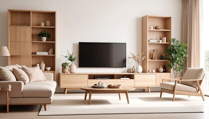 Modern living room with light wood furniture