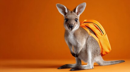 Small kangaroo is standing on an orange background with a backpack on its back. The backpack is orange and has a zipper. The kangaroo appears to be curious and is looking at the camera