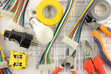 Electrical Installation Tools and Materials for Electrical Switchboard Assembly. Close-up. Soft...