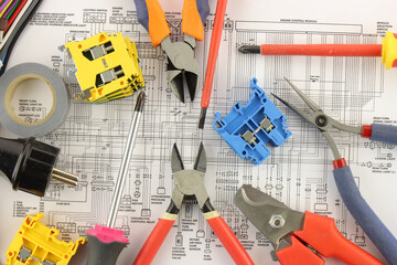 Electrical Installation Tools and Materials for Electrical Switchboard Assembly. Close-up. Soft focus. 