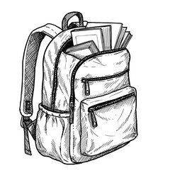 Retro engraving school backpack with books — vintage ink sketch doodle black and white vector illustration on white background