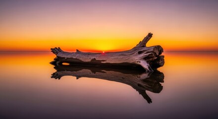 Driftwood silhouetted against a vibrant sunset reflected in still water