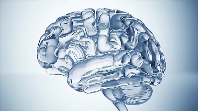 Minimalist 3d animation of abstract glass particles assembling into a human brain on a white background
