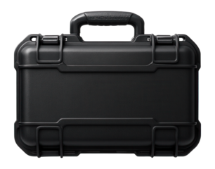 Plastic tool case with a weather-sealed gasket for protecting cordless drills in a damp outdoor location.