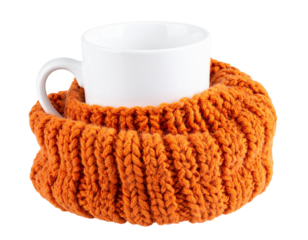  Fluffy Orange Knit Mug Cozy Wrapped Around Ceramic Mug, Front View, Transparent Background PNG