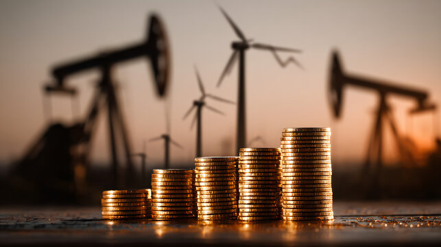 Oil price impacts renewable energy markets with fluctuating trends. Oil price and renewable energy concept. economic effect, energy security, financial market connection.