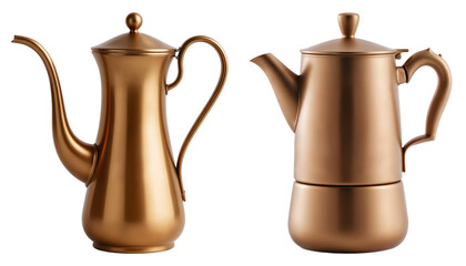 Vintage Copper Coffee Pots on Transparent Background – Traditional Brewing Vessels with Long Spouts for Coffee Shop Branding, Culinary Websites, and Home Decor Marketing