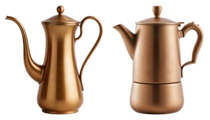 Vintage Copper Coffee Pots on Transparent Background – Traditional Brewing Vessels with Long Spouts for Coffee Shop Branding, Culinary Websites, and Home Decor Marketing
