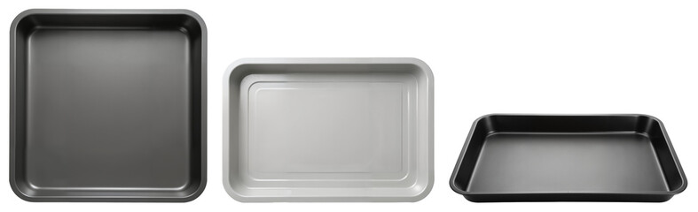 Metal Baking Trays Collection - Square and Rectangular Empty Cookware Pans on Transparent Background for Kitchen Equipment Catalogs and Cooking Websites
