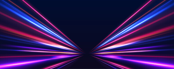 Vector speed of light in space on dark background. Neon speed in panoramic technology concept, on dark abstract background.  © ikril