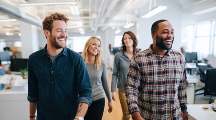 Four diverse coworkers walking in modern office smiling happily and enjoying teamwork and collaboration