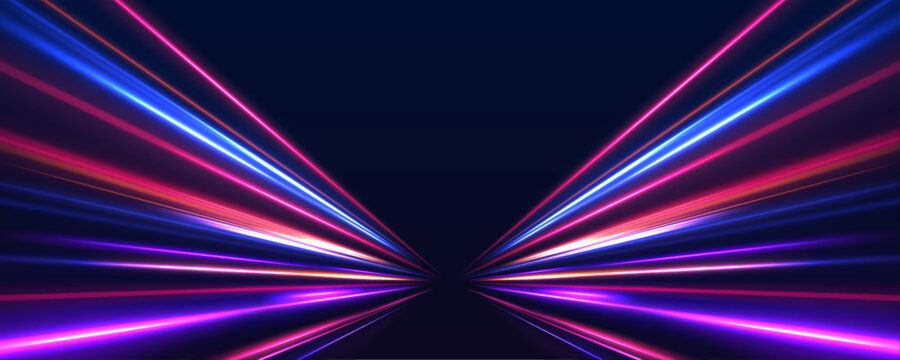 Vector speed of light in space on dark background. Neon speed in panoramic technology concept, on dark abstract background.	
