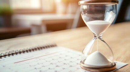 Hourglass is measuring passing time on an office desk with a calendar, symbolizing deadline, time management, and the need for efficient planning in a fast paced professional environment