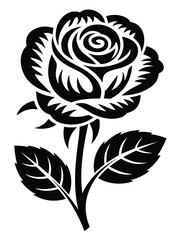 Black and white stylized rose with leaves and stem