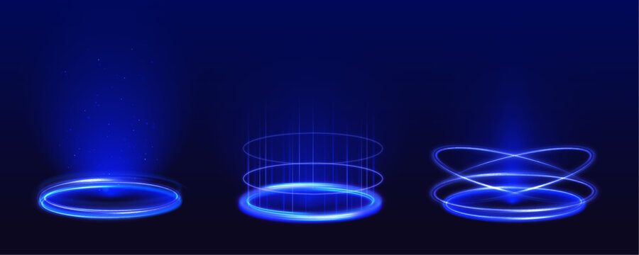 A glowing vertical portal with bright blue energy beams and neon rings creates a sci-fi teleportation effect. Ideal for gaming or futuristic UI. Realistic digital aura on black background.	