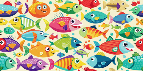 A seamless cartoon pattern featuring funny fish and cute tropical birds swimming in the ocean