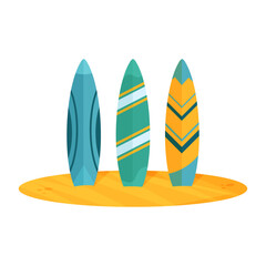 Minimalist vector illustration of three colorful surfboards with different patterns resting on sand in yellow, blue, and green tones