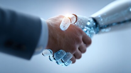 human hand shaking robotic hand symbolizing artificial intelligence partnership and technological collaboration