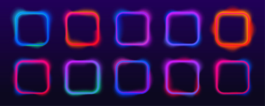A set of four square neon frames with shining effects, highlights and inscriptions on a dark background. Geometric fluorescent outline. Banner template with text.