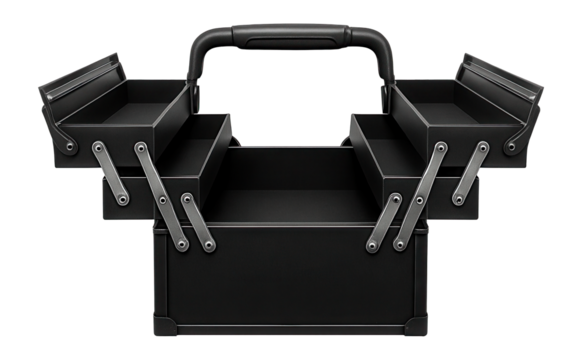 Cantilever toolbox with multiple tiers for a carpentry workshop.