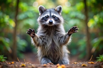 Obraz premium A cute raccoon stands on its hind legs in the forest