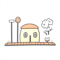 Pastel Cartoon House Illustration With Tree And Lamppost