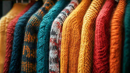 Assortment of colorful knitted sweaters and scarves hanging on a rack, Woollen jumpers and sweaters, Winter clothes on hangers, and knitwear for winter fashion