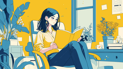 お気に入りの部屋で本を開く女性のリラックス風景を描いたイラスト｜読書習慣・休日の勉強・女性のひとり時間・知的生活・ナチュラルライフ・静寂・日常シーンに最適な背景素材