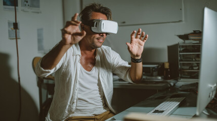 Man using virtual reality headset in office, experiencing immersive technology with excitement and focus