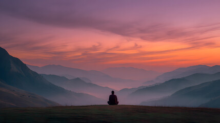 Man meditating peacefully on mountain peak watching vibrant sunset sky unfold