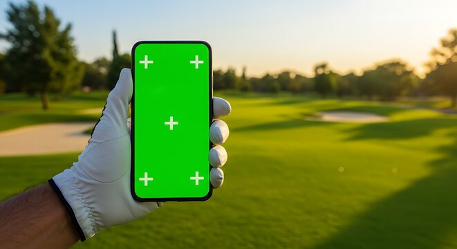 A hand in a golf glove holds a smartphone with a green screen, against a golf course background.