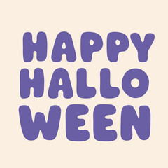 Square Halloween poster with bold Happy Halloween text in purple on a pastel background. Minimalist typographic design perfect for social media, greetings, flyers, and seasonal content. Vector